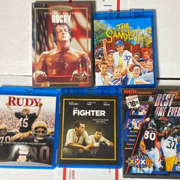 Sports Movie Bundle Lot of 5 Superbowl Rocky Rudy  Fighter Sandlot DVD BLU RAY - Picture 1 of 4